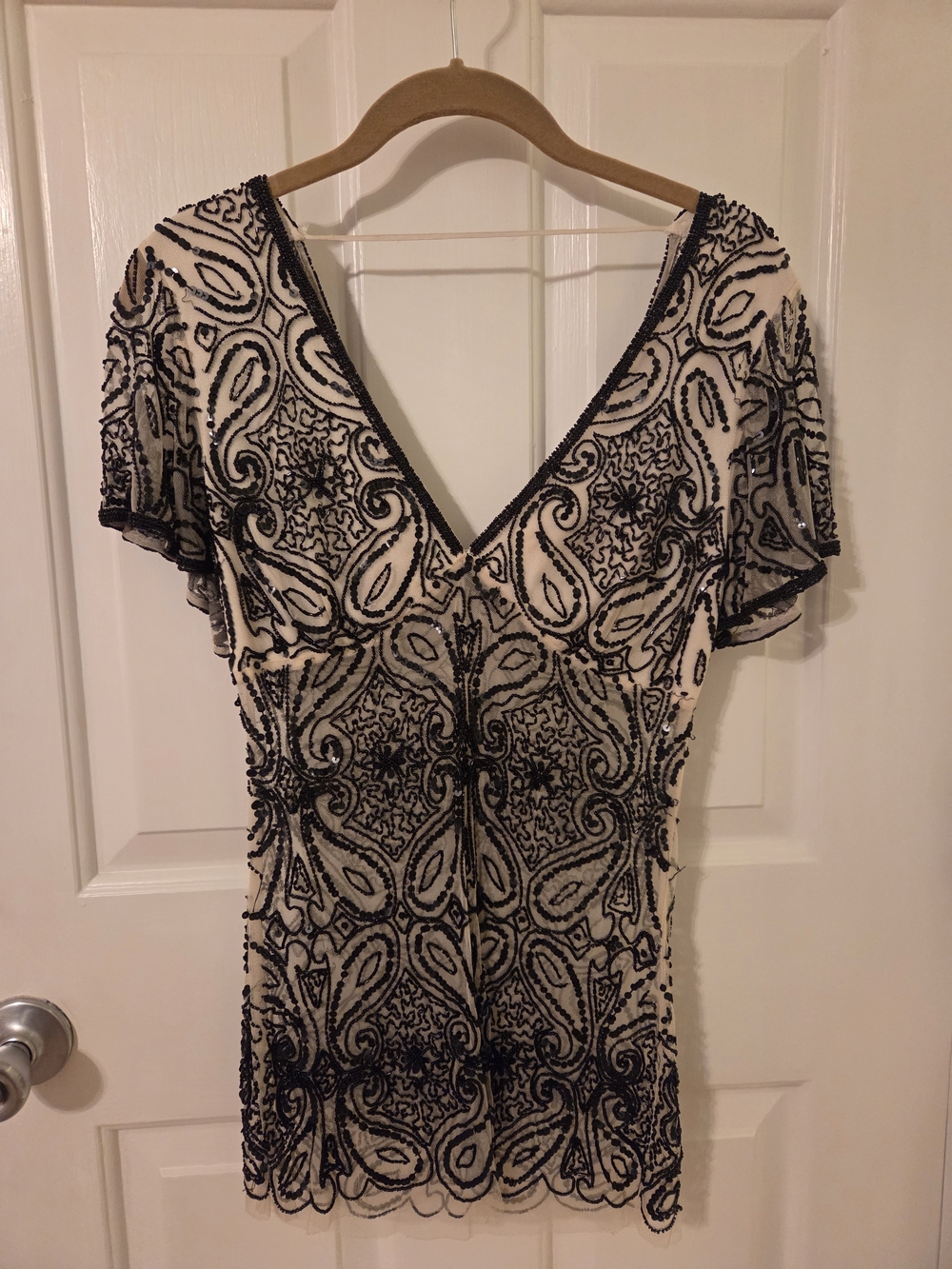 Arden B Embellished Sheer V-Neck Tunic in Black and Cream
